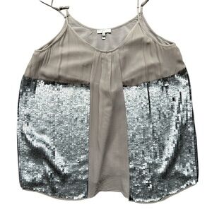Joie Silk Silvana Silver Ruffle Front Sequin Tank Top Cami